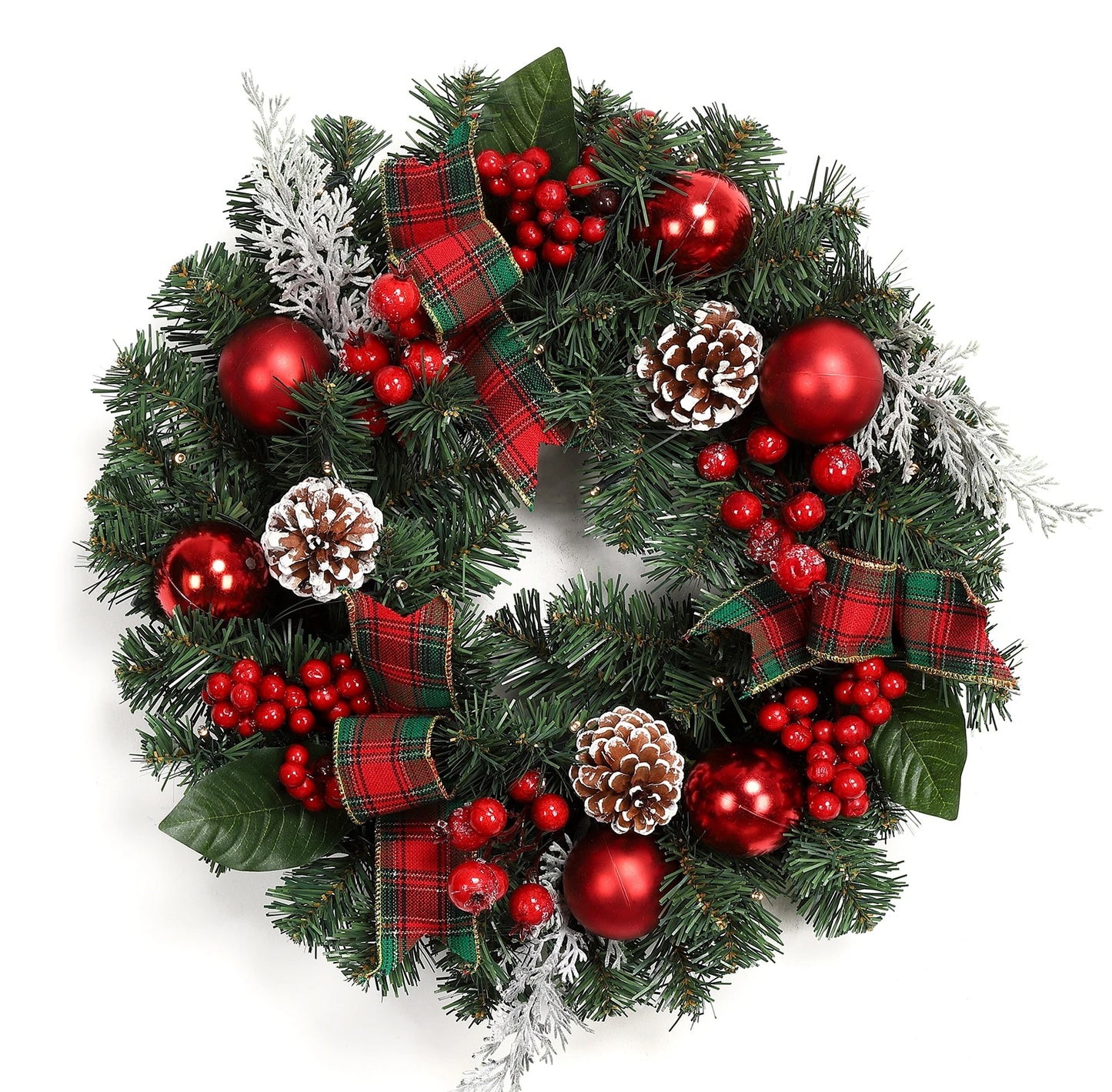 Couronne de Noël de 45 cm avec 15 lumières LED Guirlande pré-éclairée pour porte d'entrée avec baies de Noël Pommes de pin pour la décoration de fête de Noël