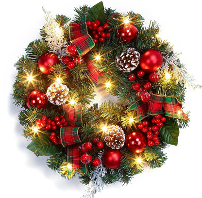 Couronne de Noël de 45 cm avec 15 lumières LED Guirlande pré-éclairée pour porte d'entrée avec baies de Noël Pommes de pin pour la décoration de fête de Noël