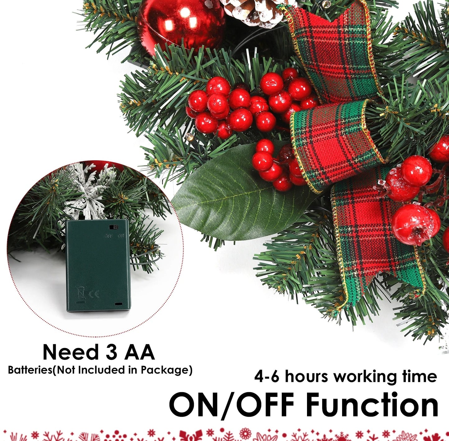 Couronne de Noël de 45 cm avec 15 lumières LED Guirlande pré-éclairée pour porte d'entrée avec baies de Noël Pommes de pin pour la décoration de fête de Noël