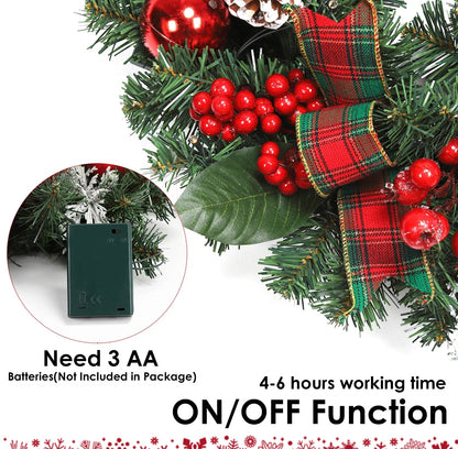 Couronne de Noël de 45 cm avec 15 lumières LED Guirlande pré-éclairée pour porte d'entrée avec baies de Noël Pommes de pin pour la décoration de fête de Noël
