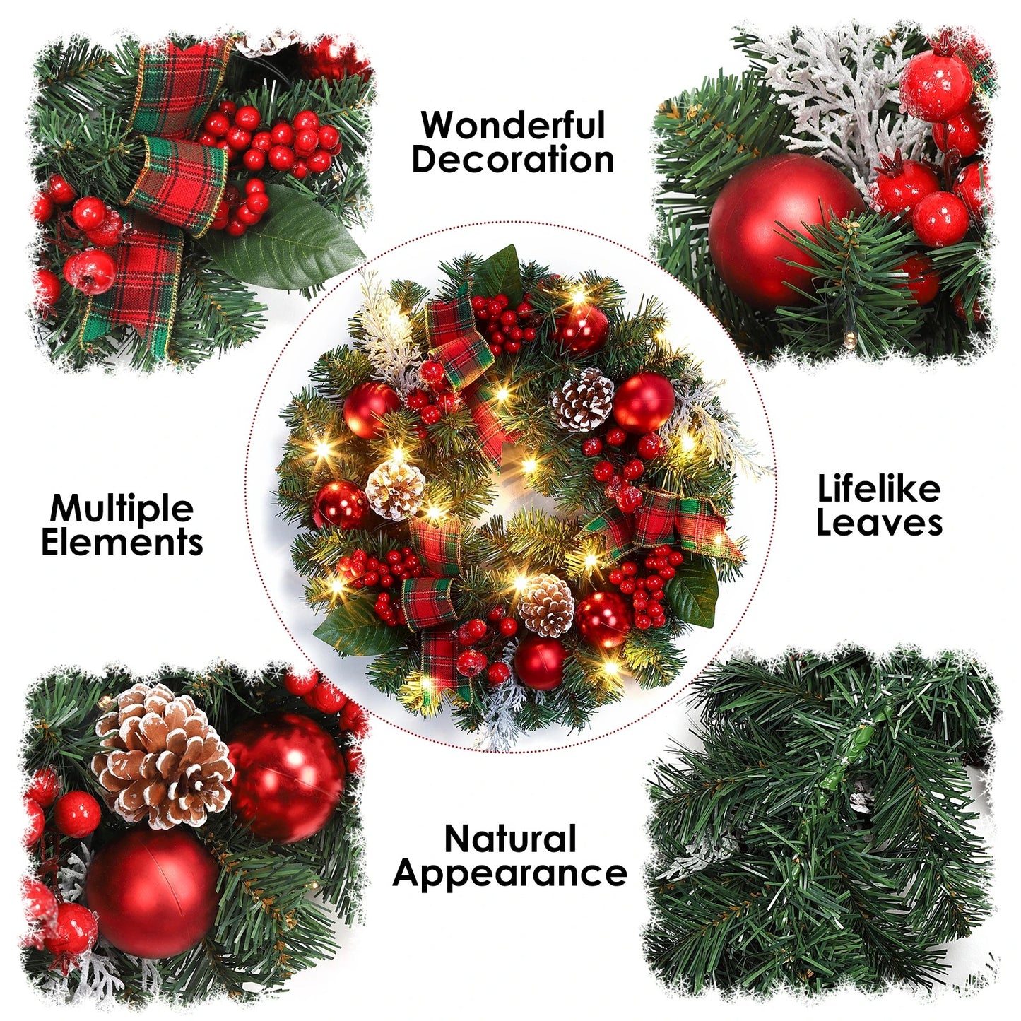 Couronne de Noël de 45 cm avec 15 lumières LED Guirlande pré-éclairée pour porte d'entrée avec baies de Noël Pommes de pin pour la décoration de fête de Noël