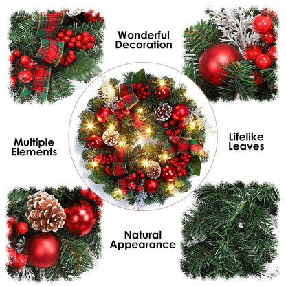 Couronne de Noël de 45 cm avec 15 lumières LED Guirlande pré-éclairée pour porte d'entrée avec baies de Noël Pommes de pin pour la décoration de fête de Noël