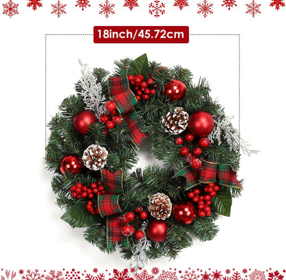 Couronne de Noël de 45 cm avec 15 lumières LED Guirlande pré-éclairée pour porte d'entrée avec baies de Noël Pommes de pin pour la décoration de fête de Noël