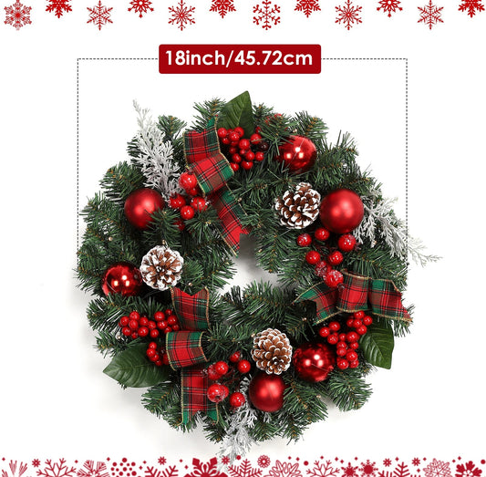 Couronne de Noël de 45 cm avec 15 lumières LED Guirlande pré-éclairée pour porte d'entrée avec baies de Noël Pommes de pin pour la décoration de fête de Noël
