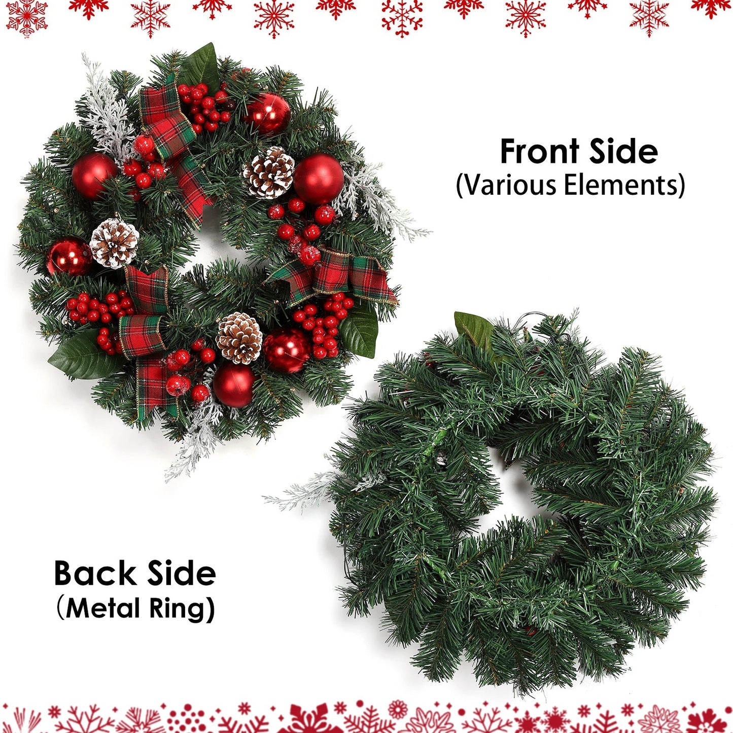 Couronne de Noël de 45 cm avec 15 lumières LED Guirlande pré-éclairée pour porte d'entrée avec baies de Noël Pommes de pin pour la décoration de fête de Noël