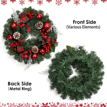 Couronne de Noël de 45 cm avec 15 lumières LED Guirlande pré-éclairée pour porte d'entrée avec baies de Noël Pommes de pin pour la décoration de fête de Noël